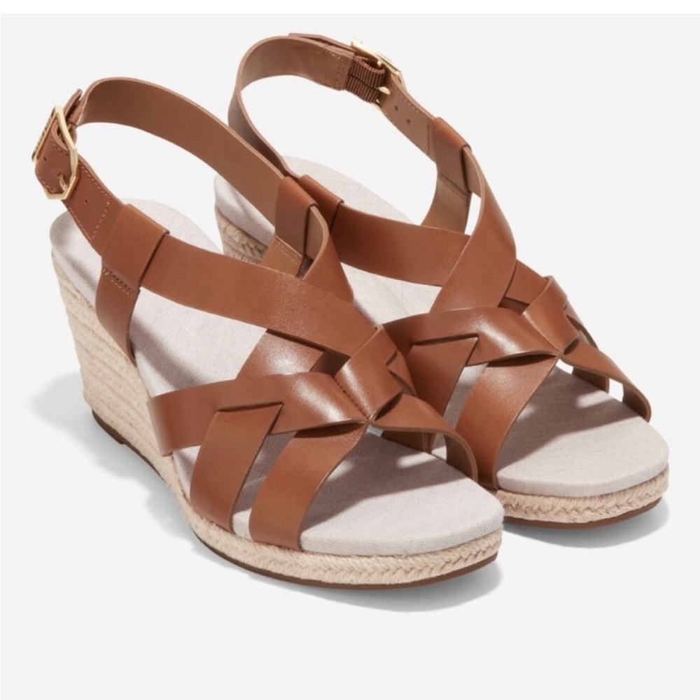 Women's Tan Leather Wedge Sandals - Classic Strappy Espadrille
